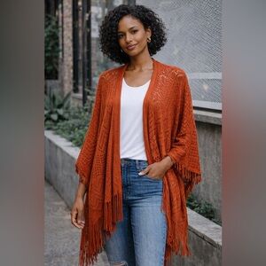 Nine West Rust Fringe Knit Kimono – One Size